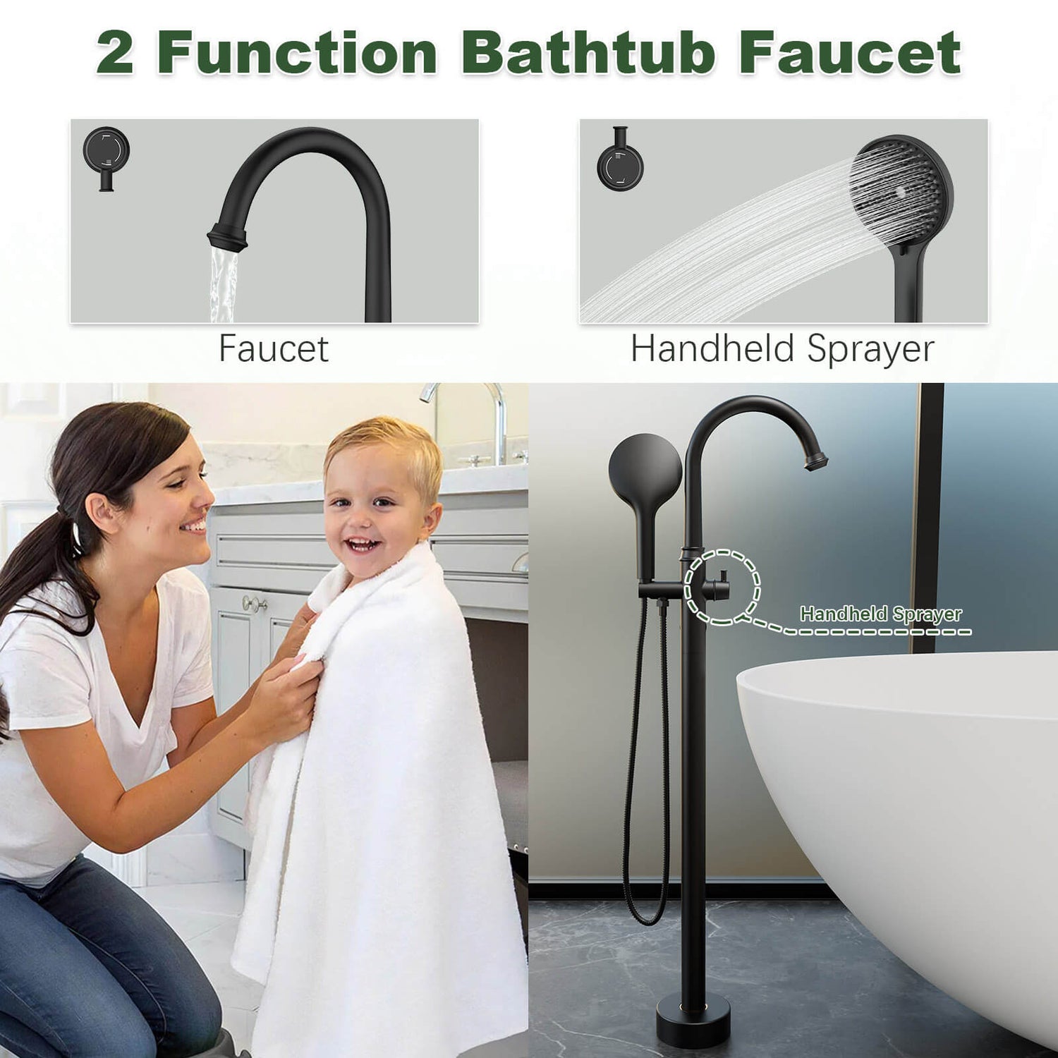 Freestanding Tub Filler High Arc 360° Swivel Bathtub Faucet with 3 Function Handheld