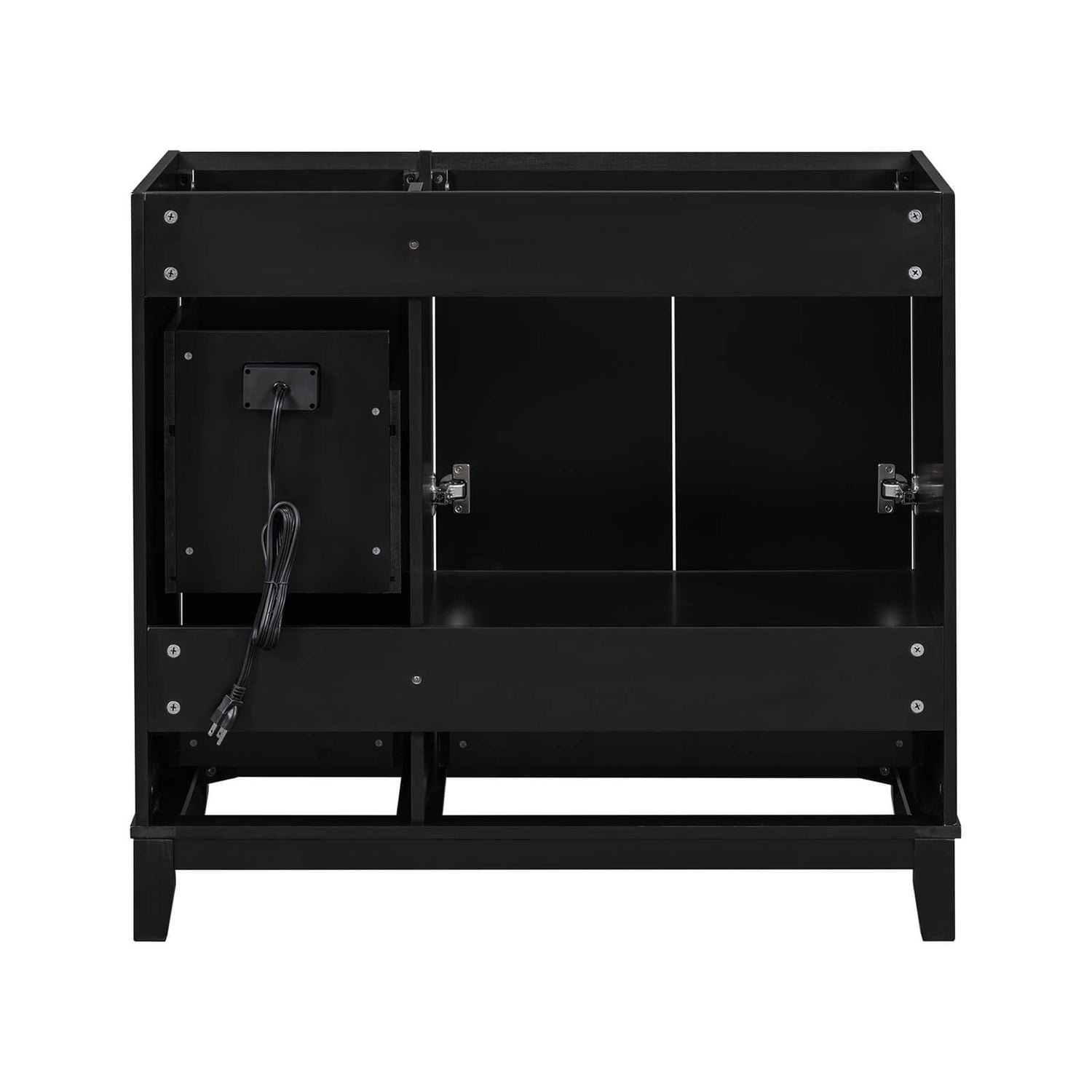 Black bathroom vanity with concealed power outlet ideal for modern bathrooms