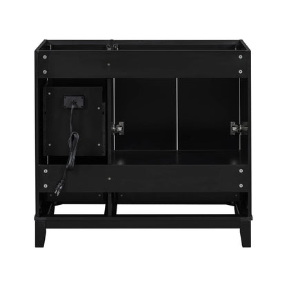 Black bathroom vanity with concealed power outlet ideal for modern bathrooms