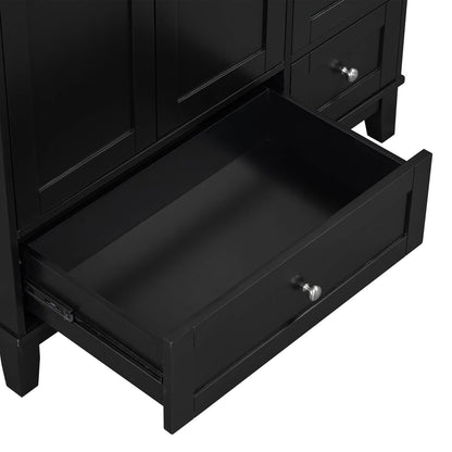 Black vanity cabinet with four appliance slots and USB charging functionality