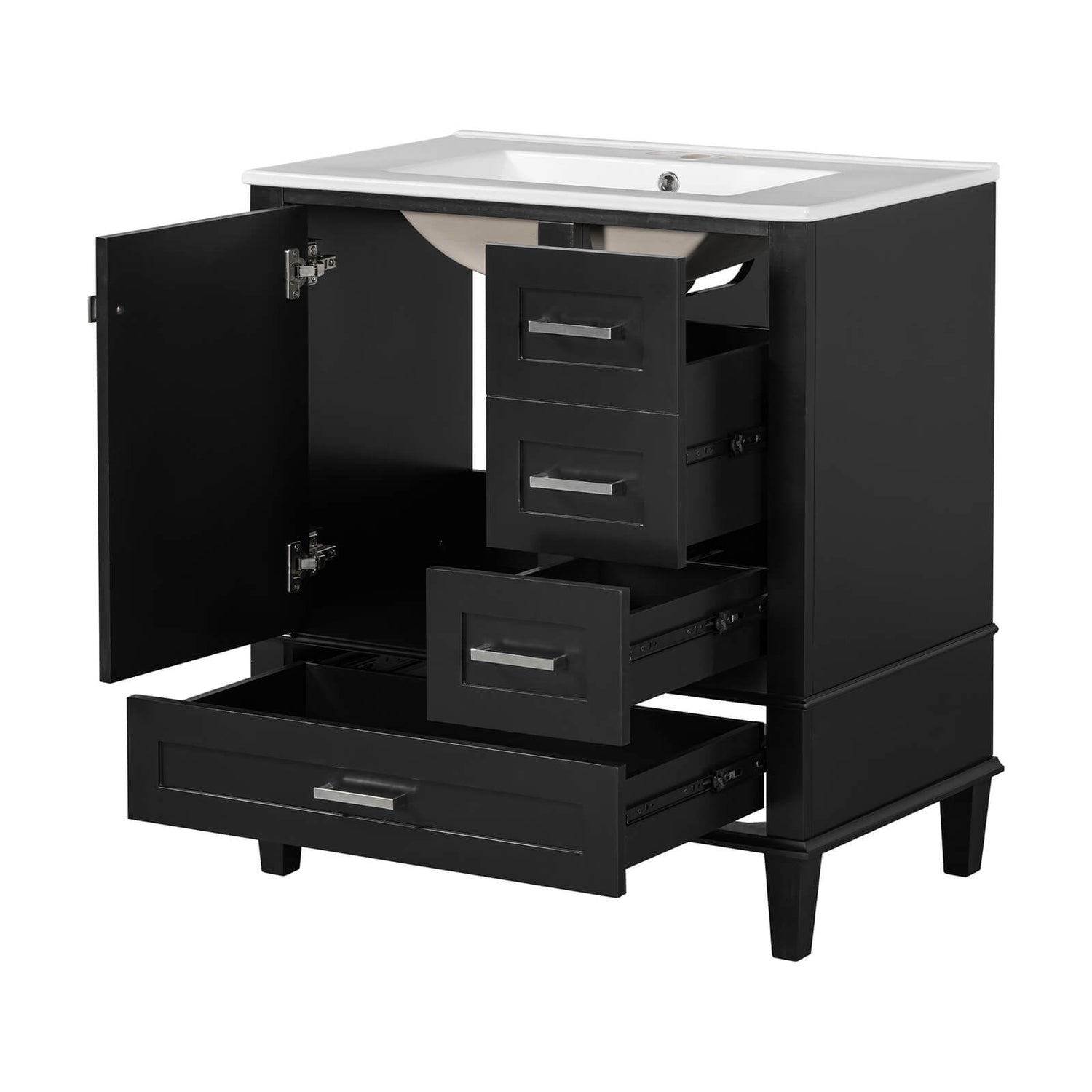 Black vanity unit with white ceramic countertop and silver zinc alloy hardware