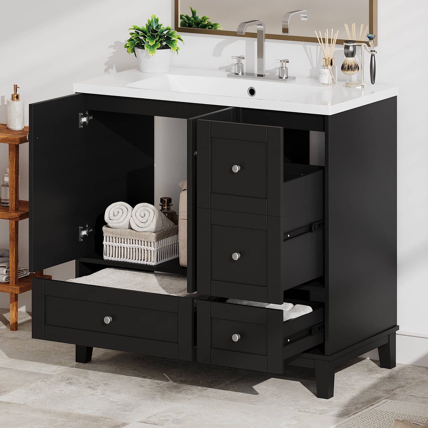 Black vanity with modern design and built-in USB ports for convenience