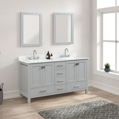 Blossom Gray Freestanding Double Sink Vanity with Carrara Marble Counter top and Mirrors