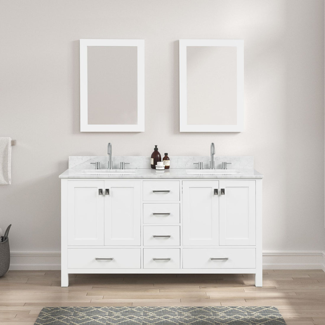 Blossom 60&quot; White Freestanding Double Sink Vanity with Drawers and Carrara Marble Countertop