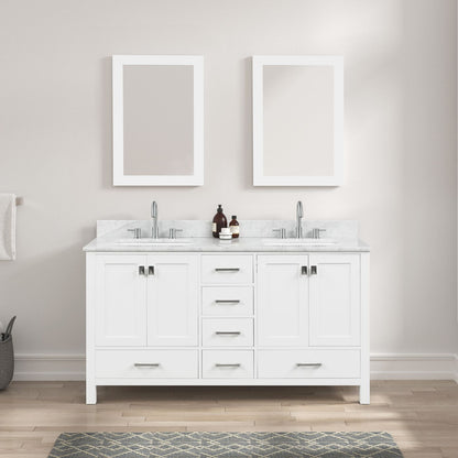 Blossom 60&quot; White Freestanding Double Sink Vanity with Drawers and Carrara Marble Countertop