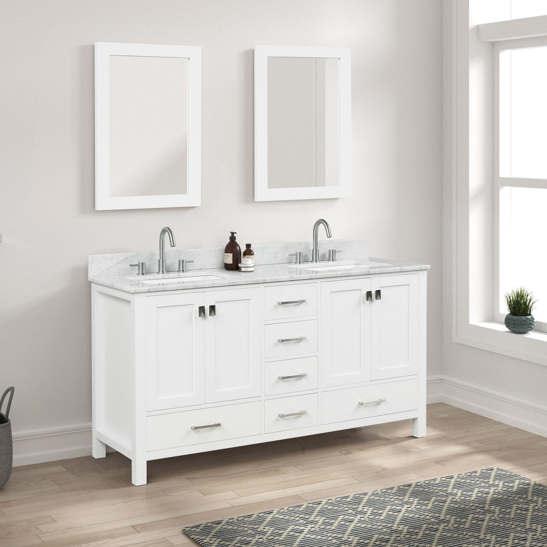 Blossom 60&quot; White Freestanding Double Sink Vanity with Carrara Marble Countertop