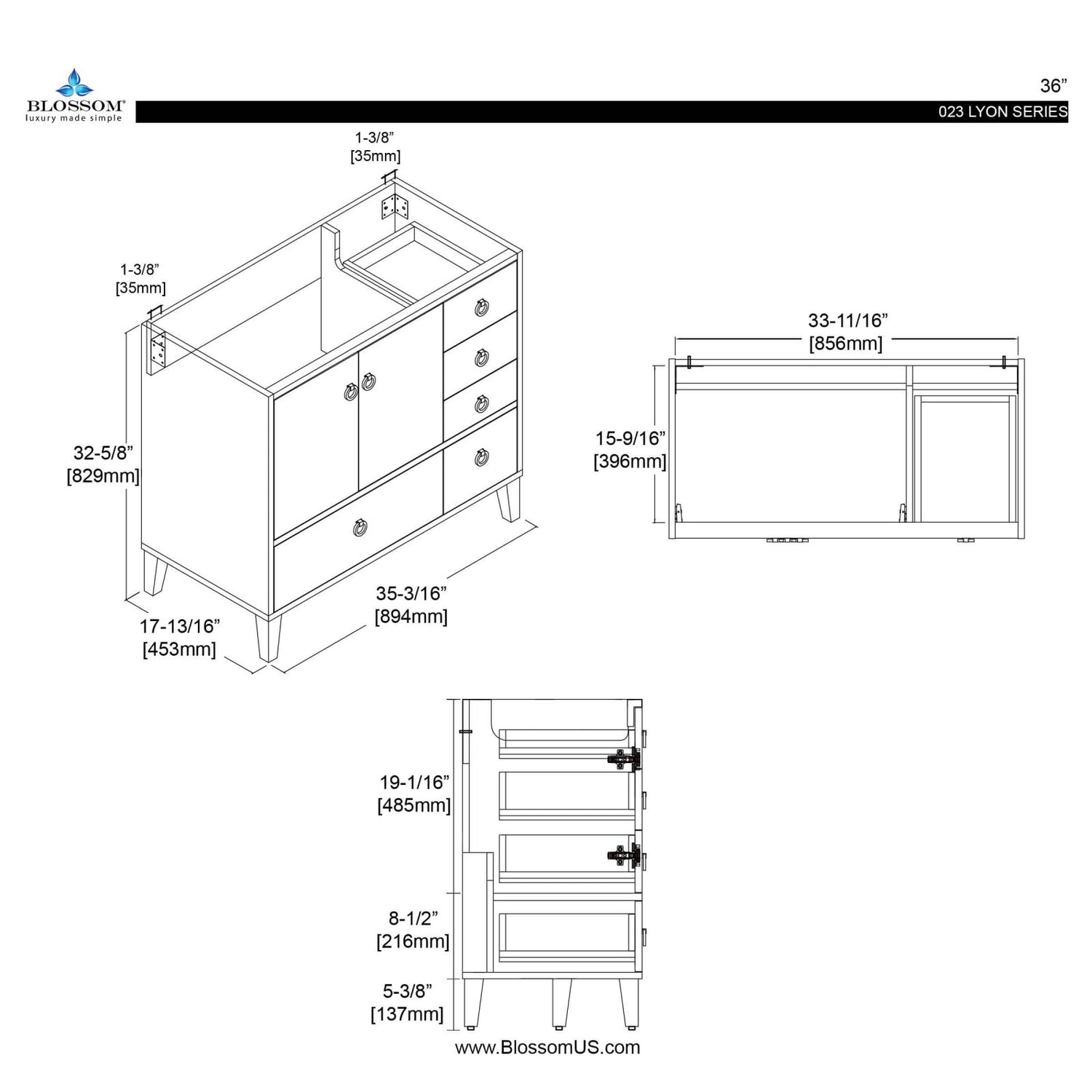 Blossom Lyon 36&quot; Vanity 2 Doors 5 Drawers