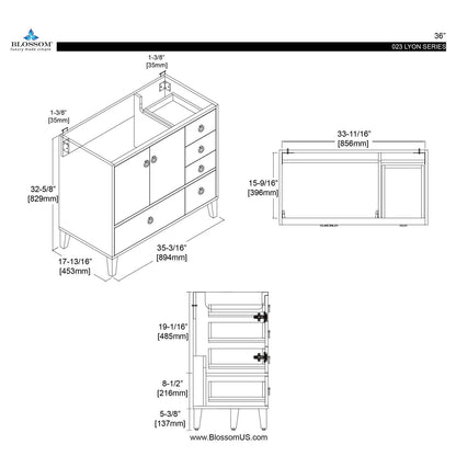 Blossom Lyon 36&quot; Vanity 2 Doors 5 Drawers Gray Size