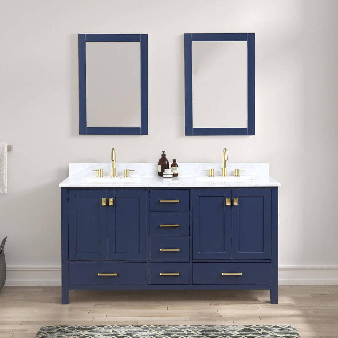 Blossom 60 inch Freestanding Double Sink Vanity with Drawers and Carrara Marble Countertop