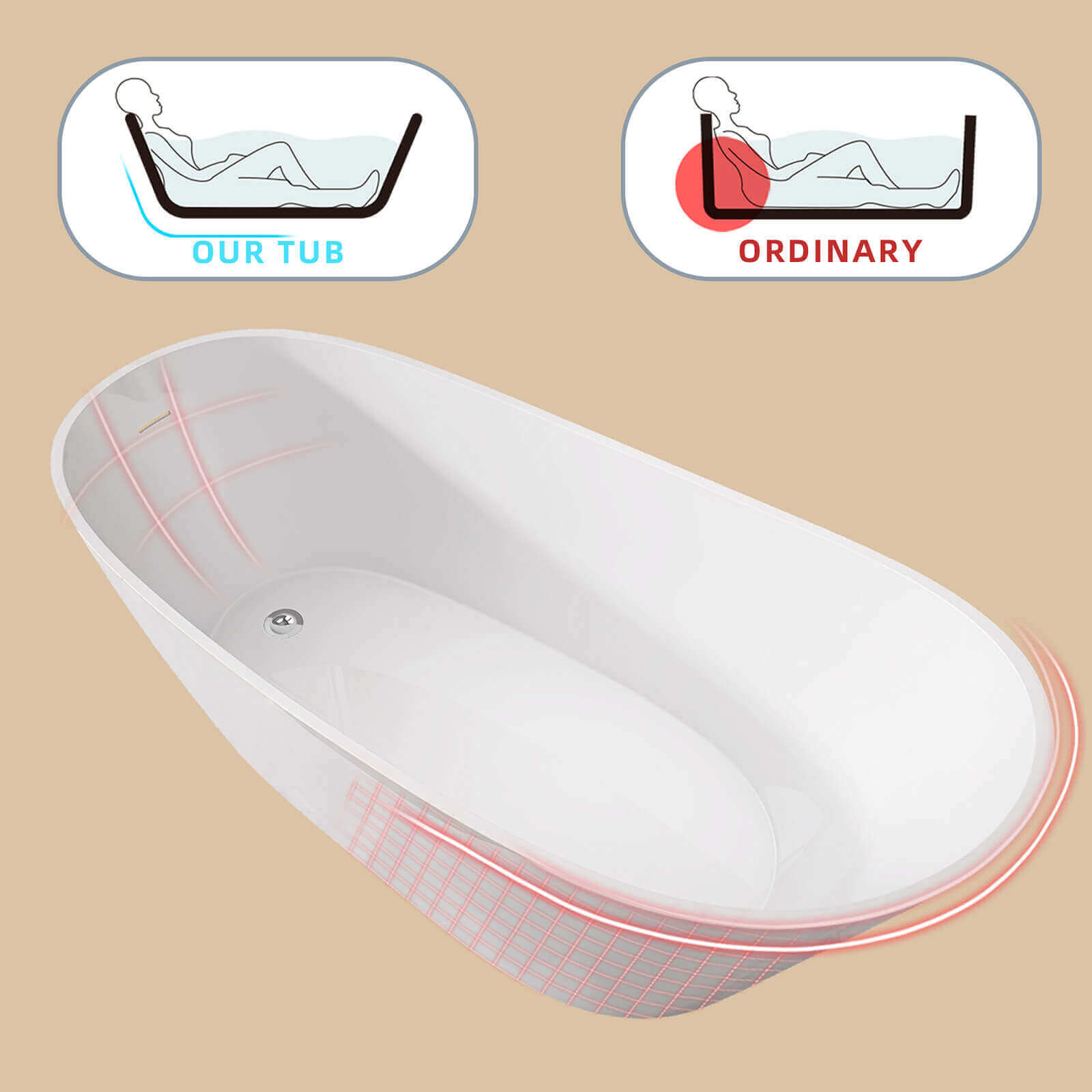 Bright white 67 inch acrylic reversible single slipper bathtub with ergonomically designed backrest