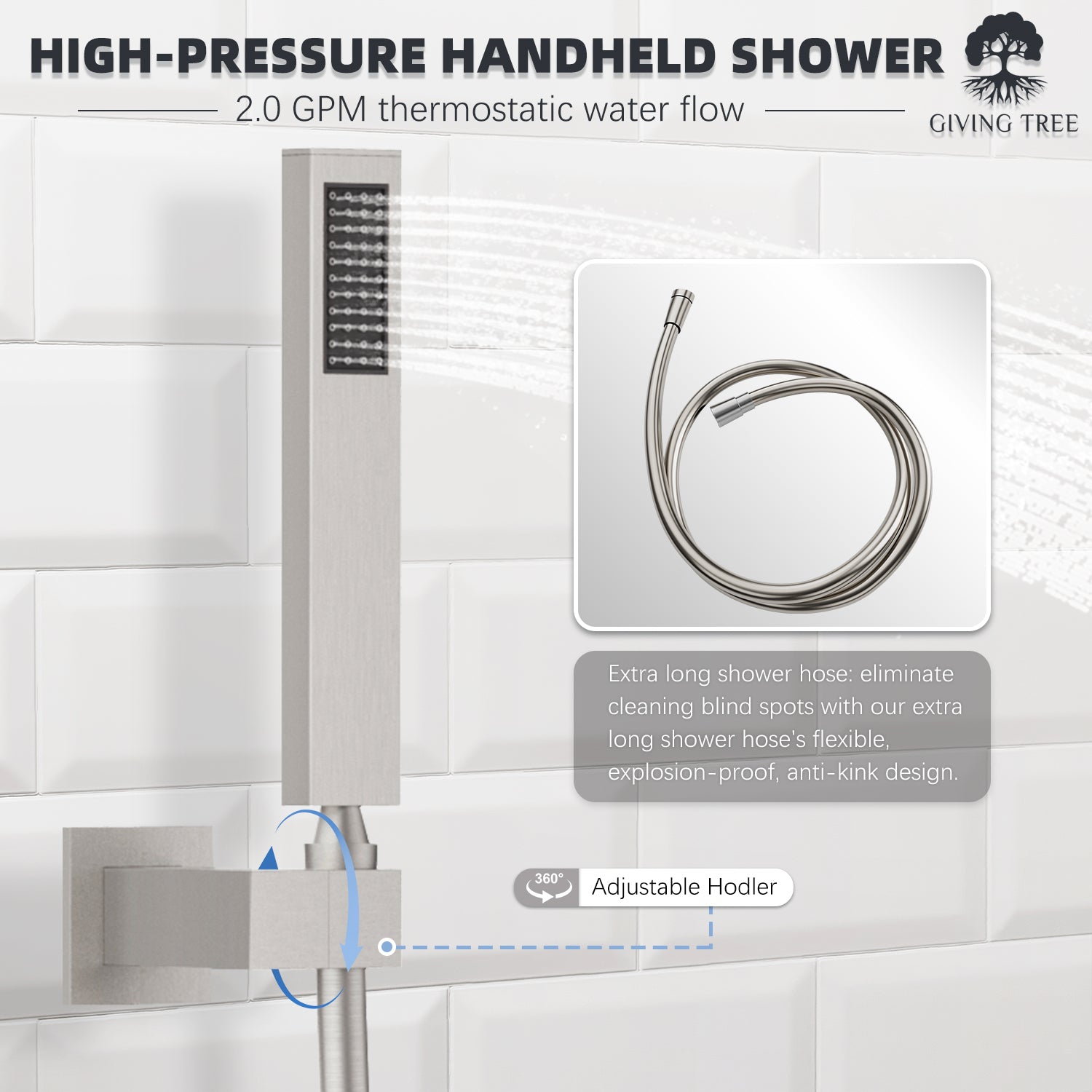 Brushed Nickel with 6 Body Sprays for Wall Mounted Single Handle Shower System Hose