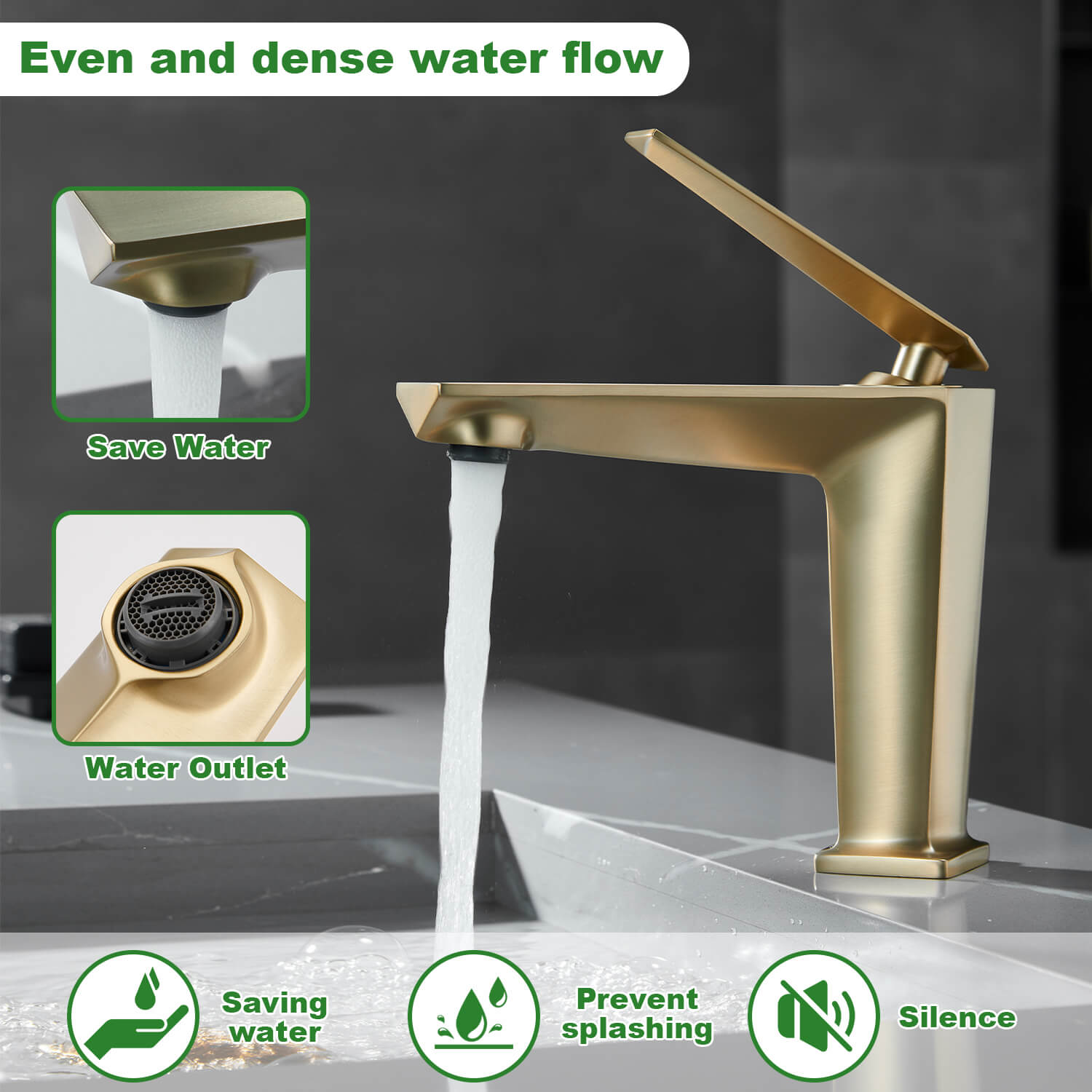 Brushed gold splashback bathroom faucet with aerator function description