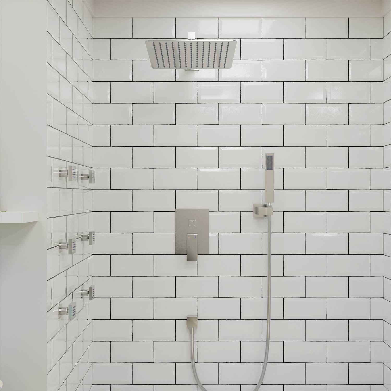 Brushed nickel shower system with easy to use controls