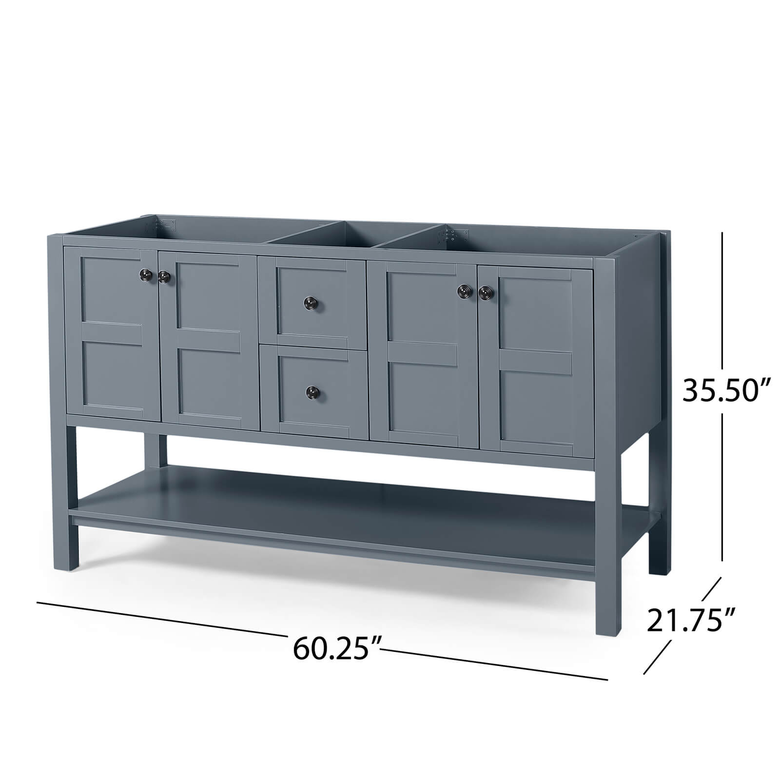 Cabinet Dimensions for a 61 Blue Gray Bathroom Vanity with Open Shelving