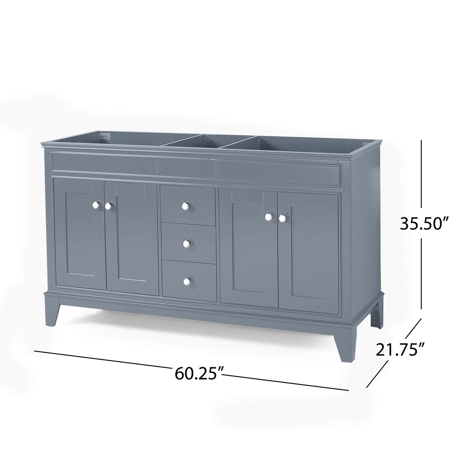 Cabinet Dimensions for a 61 Blue Gray Double Sink Vanity with Backsplash