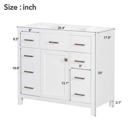 Cabinet dimensions specifications for 36 inch white bathroom vanity with 6 drawers