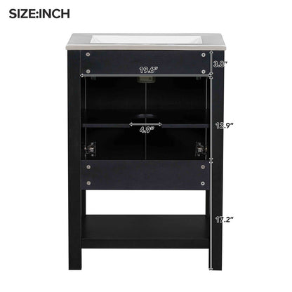 Cabinet dimensions for a 24 inch traditional freestanding bathroom vanity with open shelves