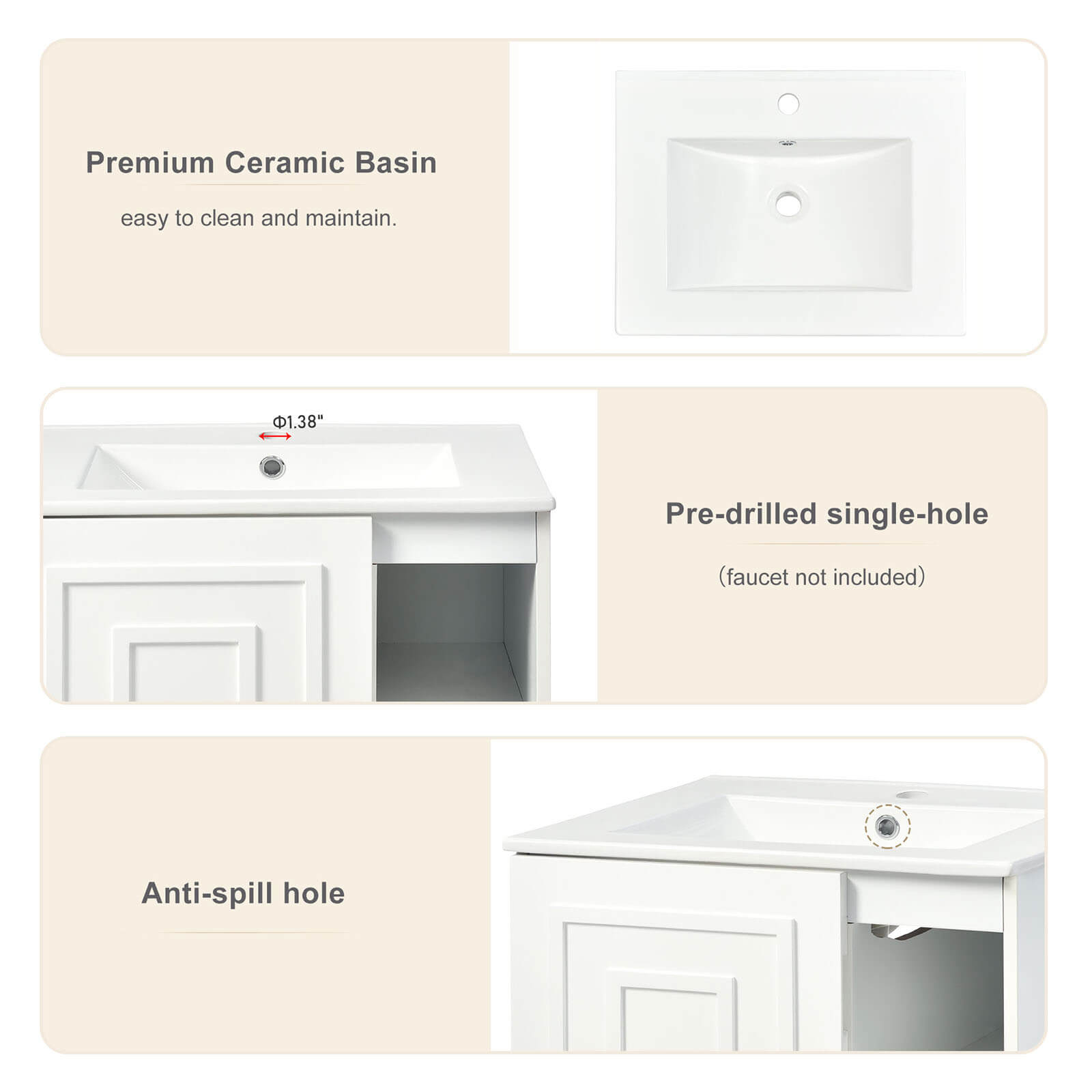 Ceramic Sink with Open Storage 24 inch Shaker Style Bathroom Vanity Description