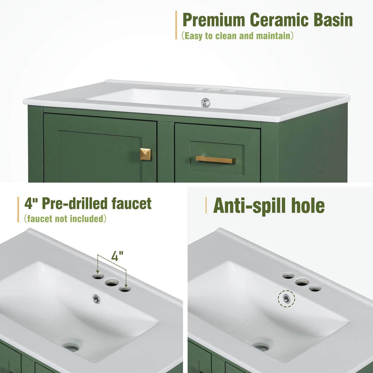 Ceramic countertop detail with countertop 30 inch dark green solid wood bathroom vanity