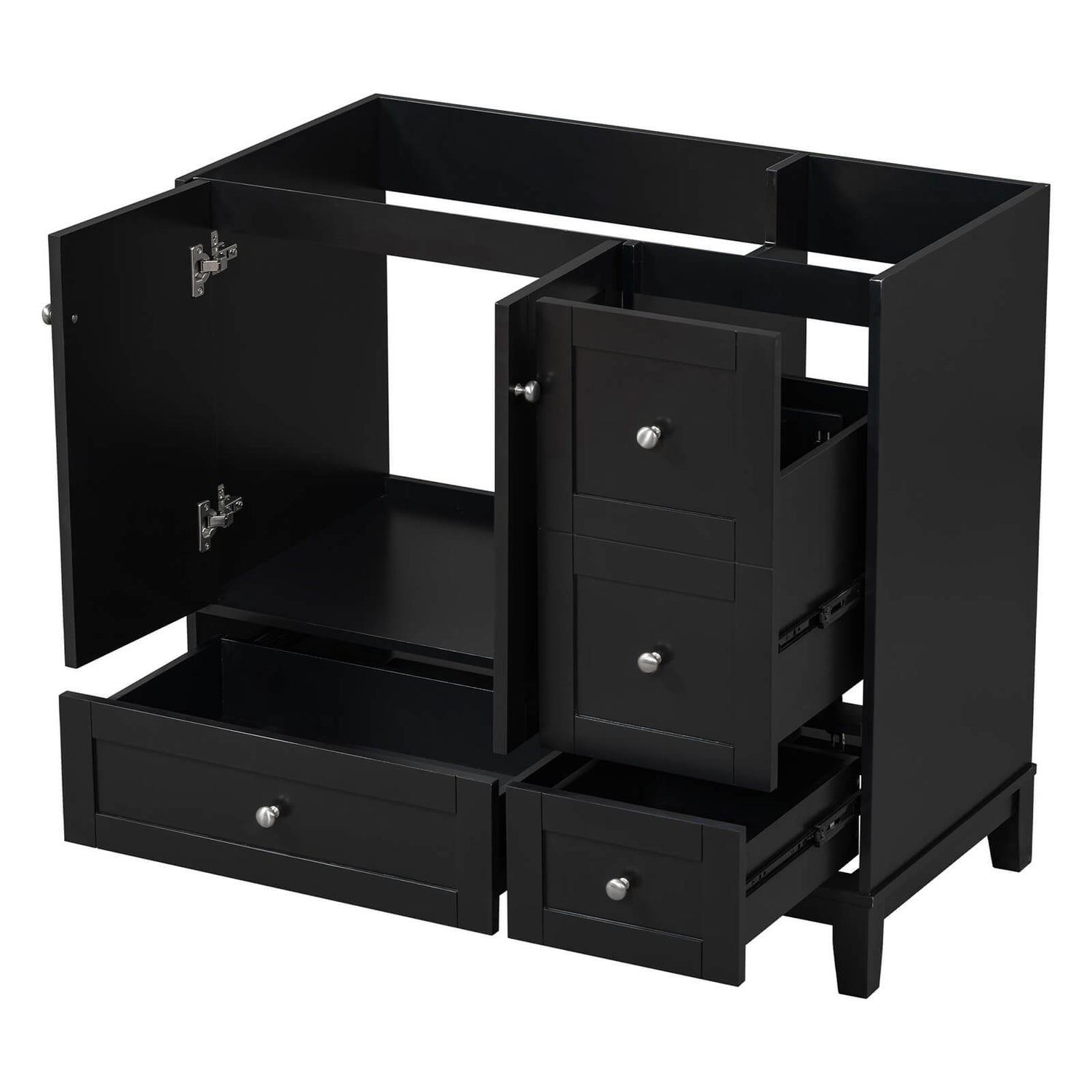 Classic black bathroom vanity with integrated power outlet and USB ports