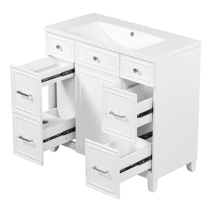 Clean and simple white bathroom sink vanity with ample storage