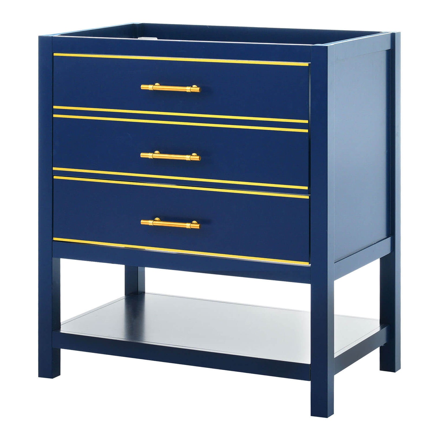 Close-up of navy blue bathroom vanity featuring gold stripe details and durable solid wood construction