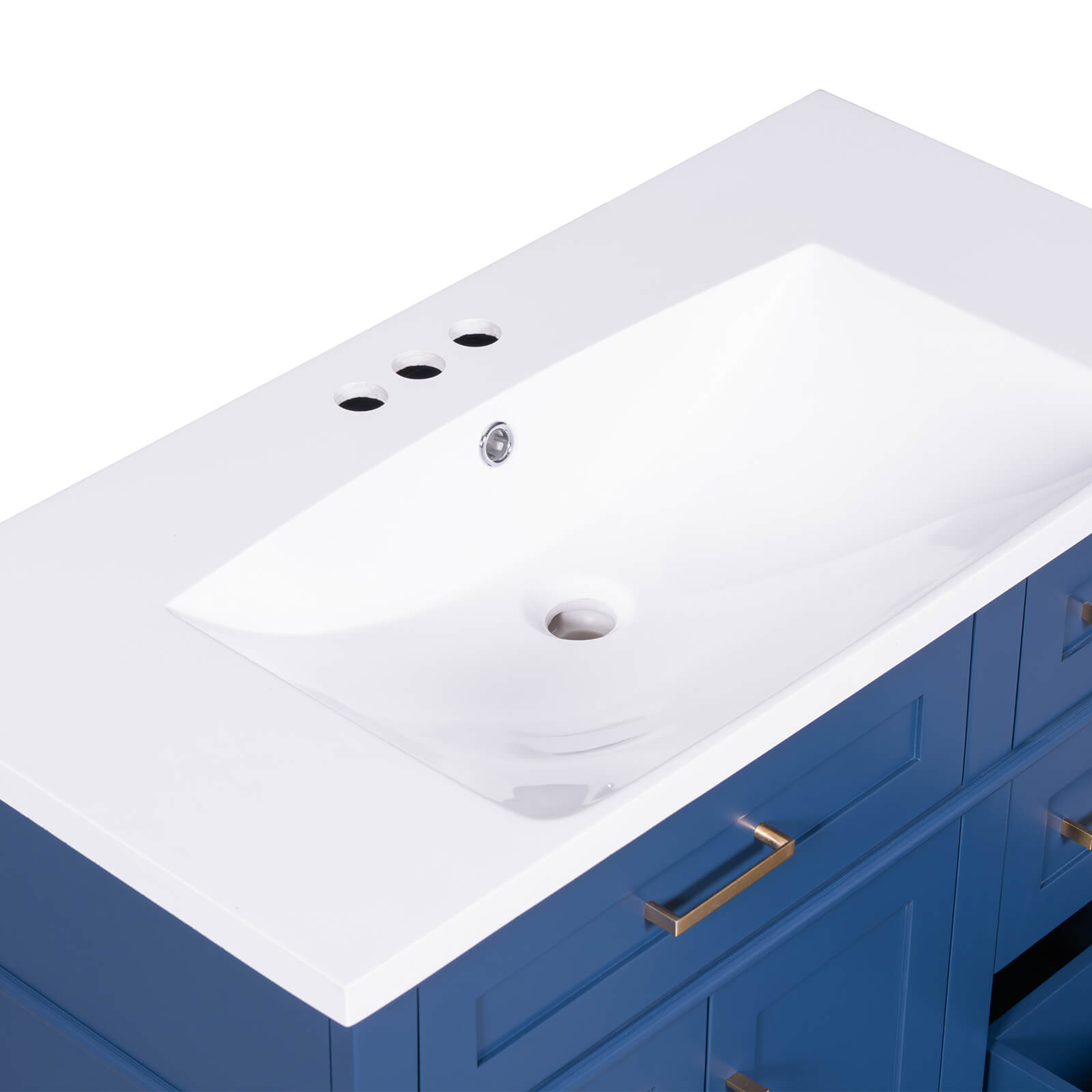 Close-up of resin sink on navy blue bathroom vanity