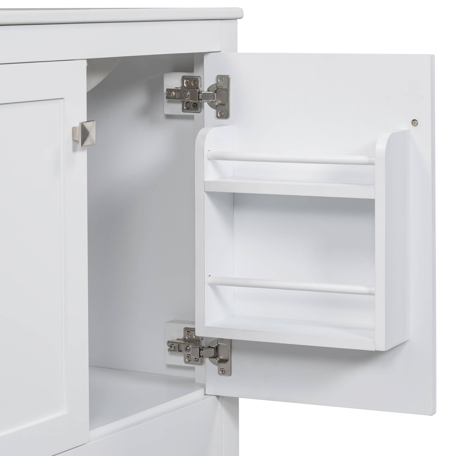 Close-up of the vanity s cabinet doors highlighting the soft-close hinges and handle design