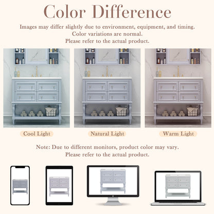 Color difference illustration of 36 in open bottom light blue bathroom vanity