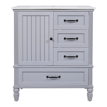 Compact 30 in Light Grayish Blue Acacia Wood Vanity with functional bottom drawers and sleek design