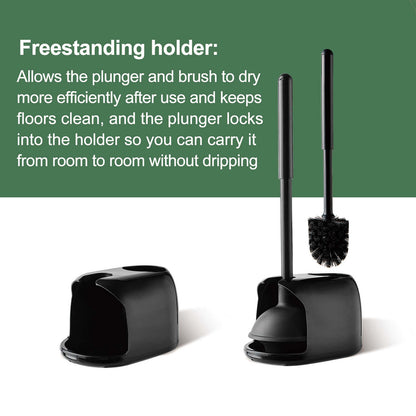 Compact Black Toilet Brush and Plunger Set with Modern Holder