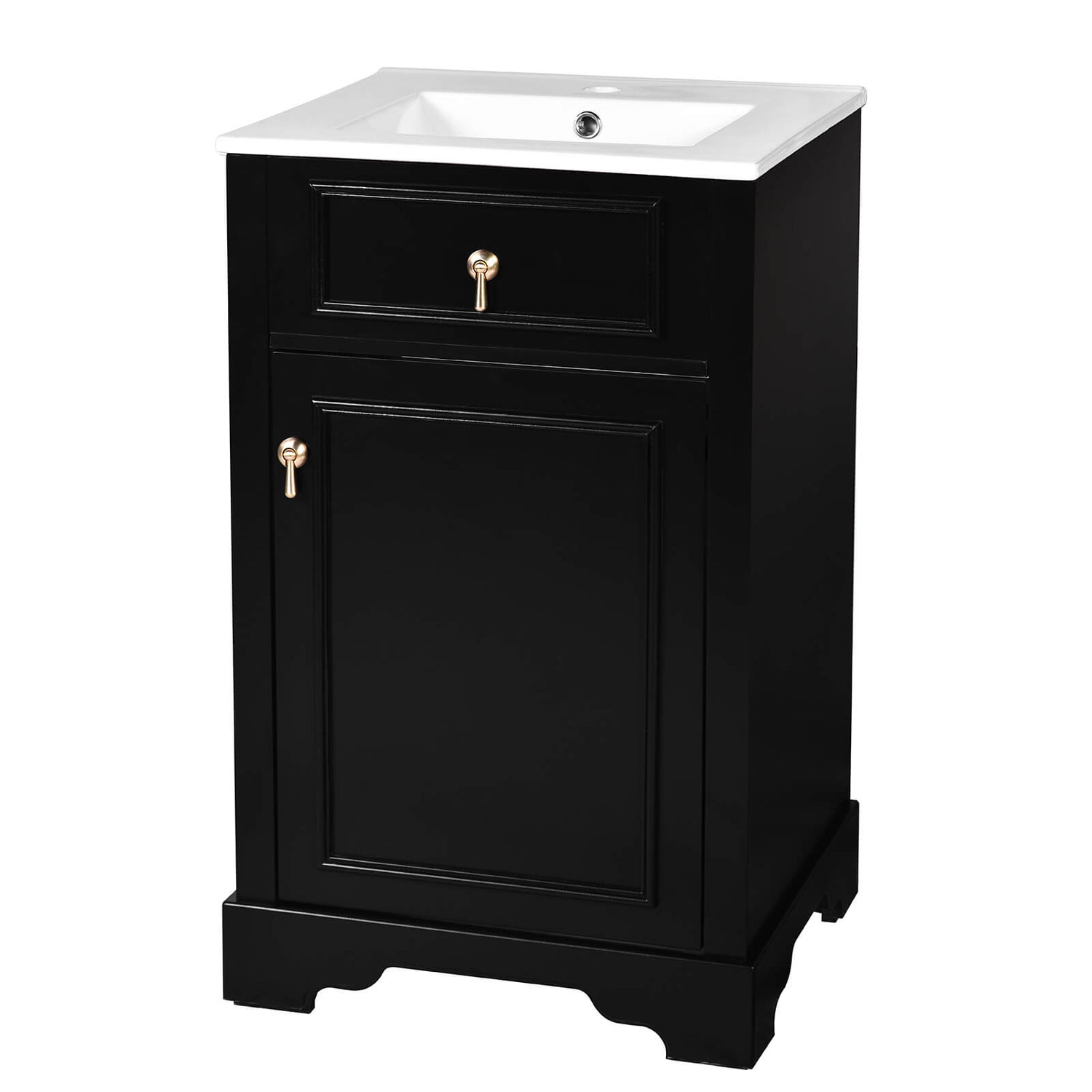 Compact Black Vanity with Gold Handle and Mid Century Modern Style