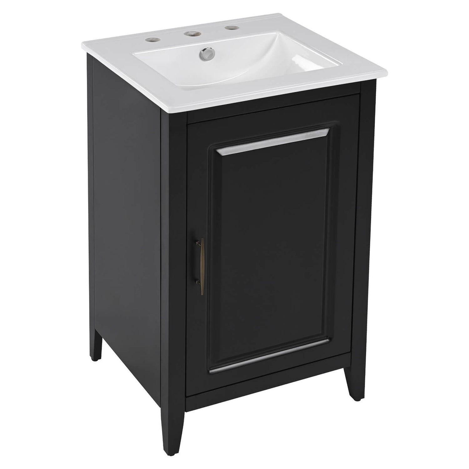 Compact black bathroom vanity with open storage and smooth ceramic sink