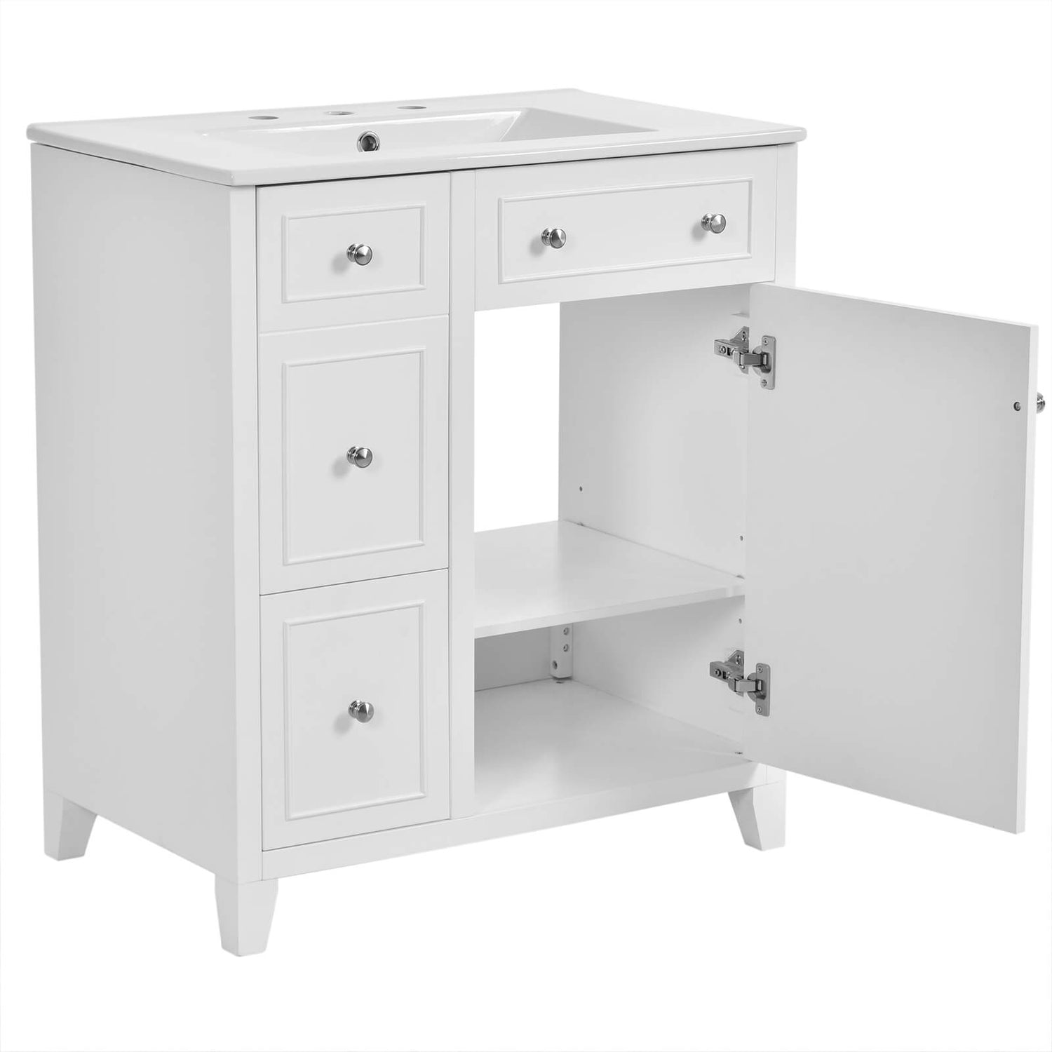 Compact white bathroom vanity with drawers and adjustable shelves