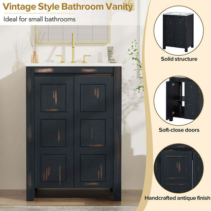 Compact 24-Inch Bathroom Vanity with Artisanal Hand-Painted Details and Storage