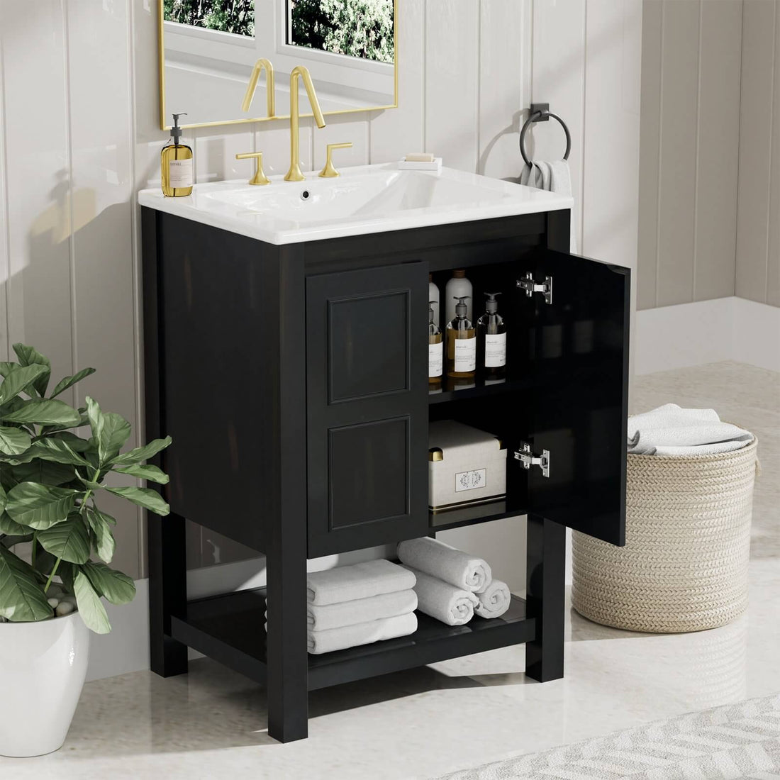 Compact and stylish bathroom vanity with open shelves and vintage design