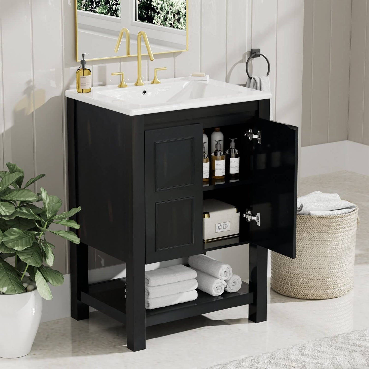 Compact and stylish bathroom vanity with open shelves and vintage design