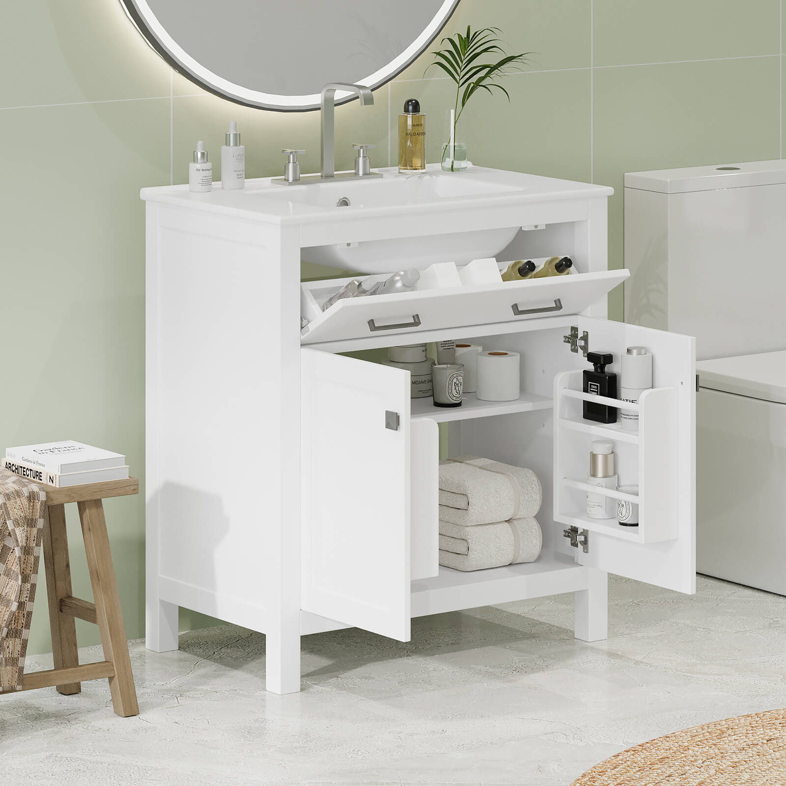 Compact and stylish white bathroom vanity with efficient undermount sink design