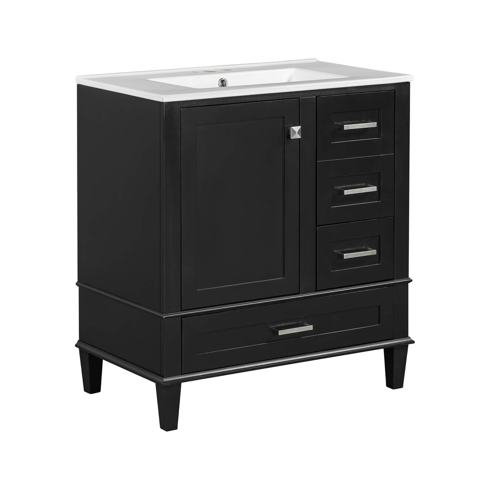 Compact black bathroom vanity with three drawers and one door featuring a white ceramic top