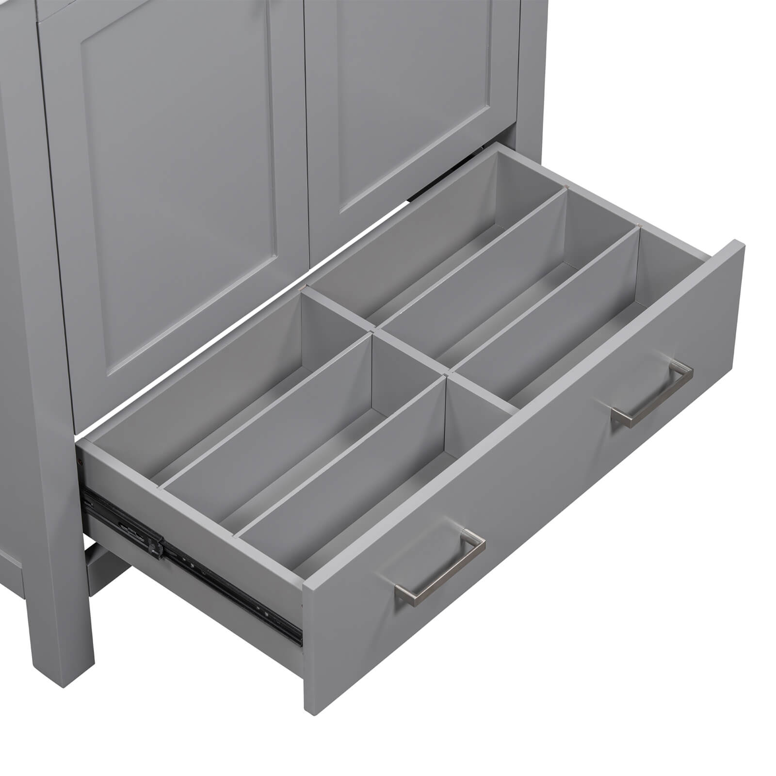 Compact gray vanity with organized drawer compartments