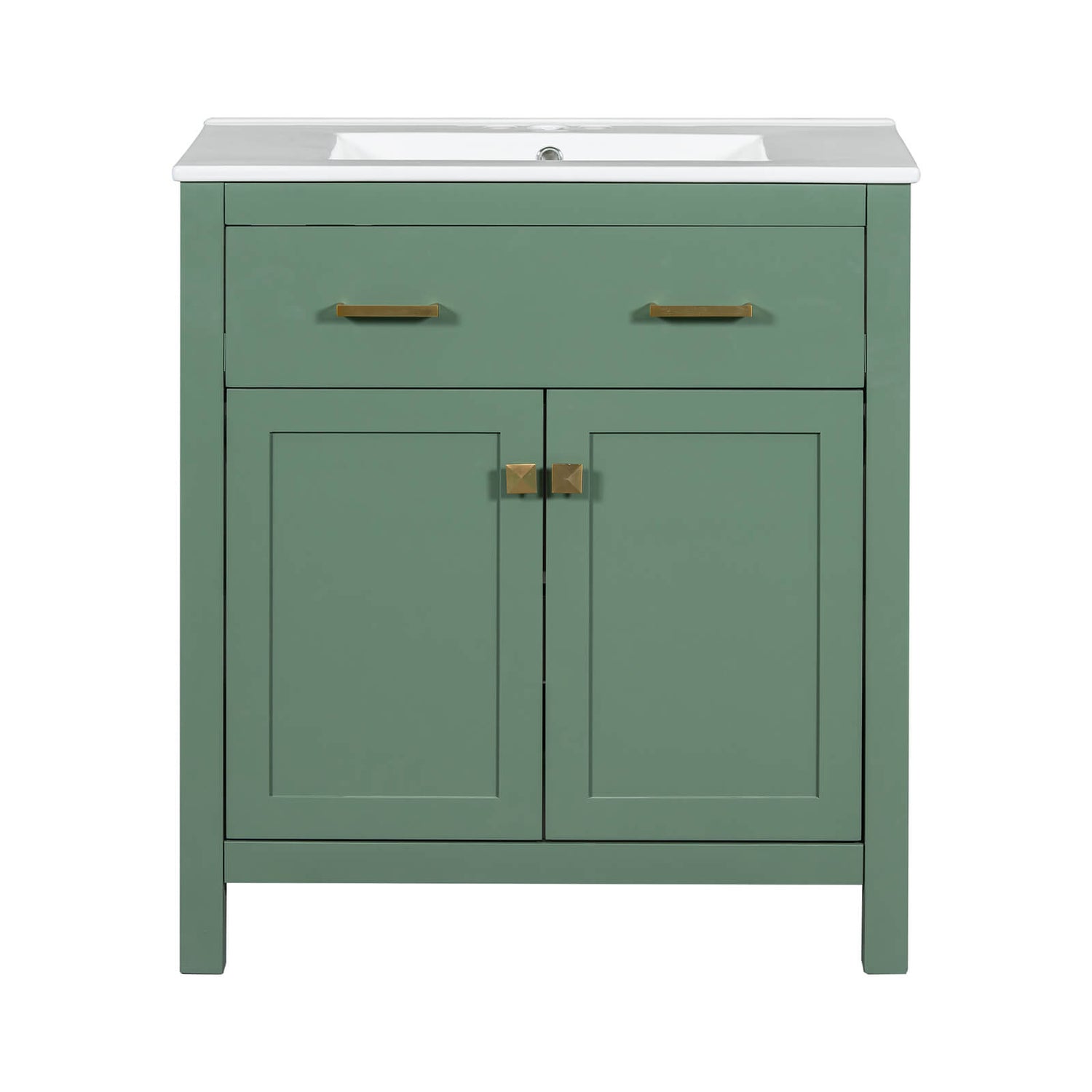 Compact sage green vanity with easy-to-clean ceramic sink and countertop