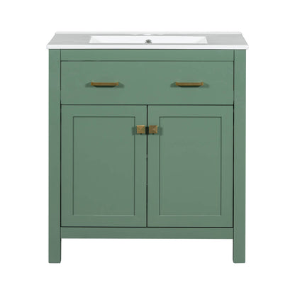 Compact sage green vanity with easy-to-clean ceramic sink and countertop