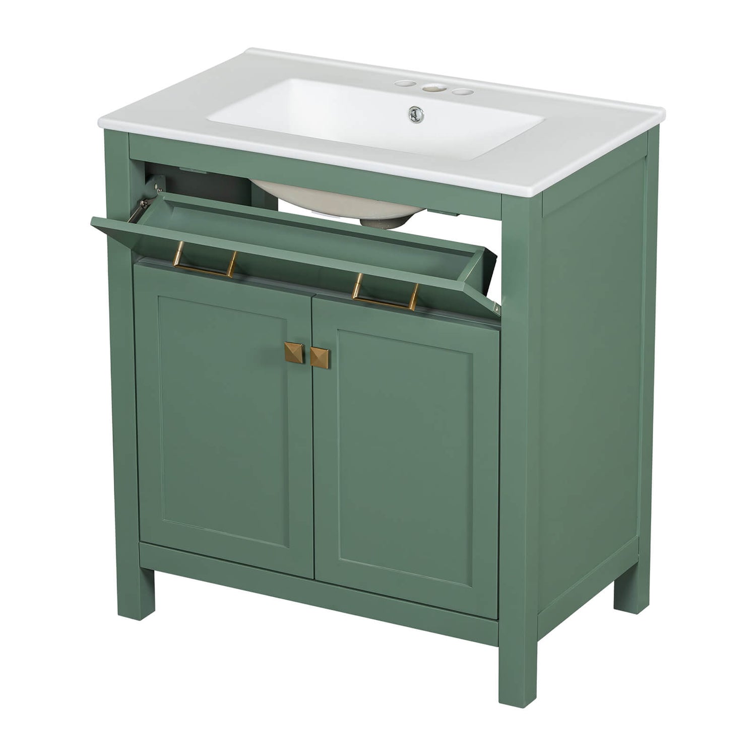 Compact sage green vanity with modern design and ample storage