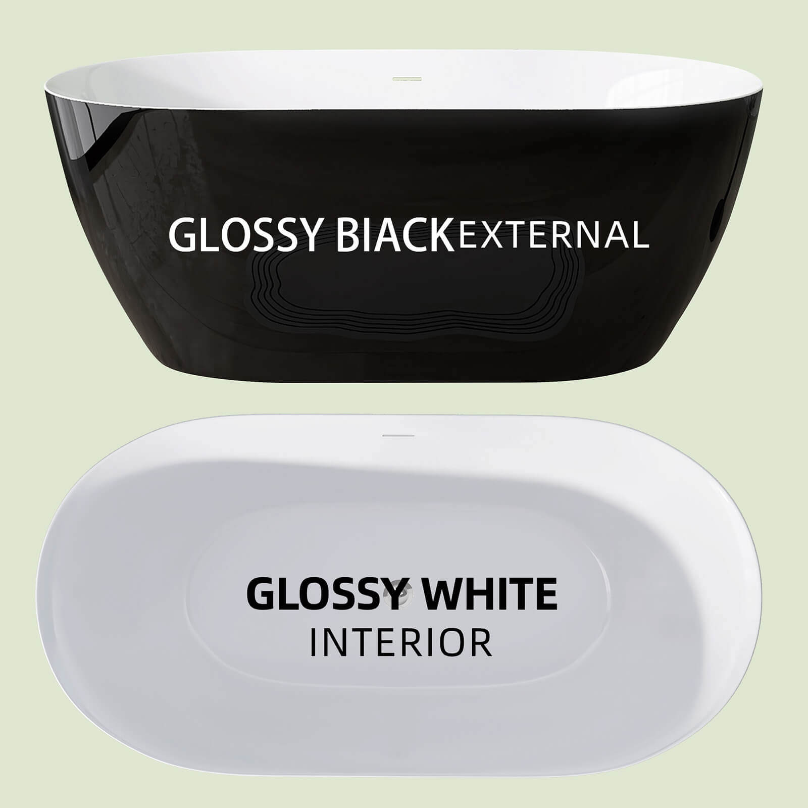 Comparison of the inner and outer tubs of the glossy black 59 inch anti clog classic oval acrylic bathtub