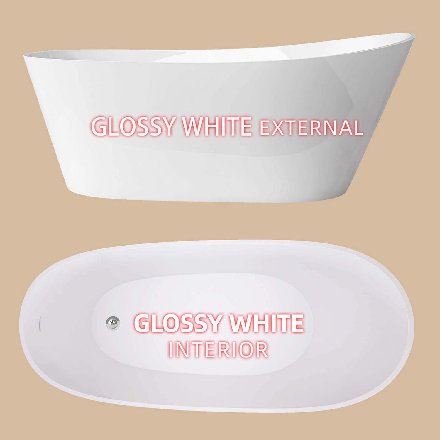 Comparison picture of inner and outer tubs of 59 inch acrylic single slipper bathtub with pop up drainpipe