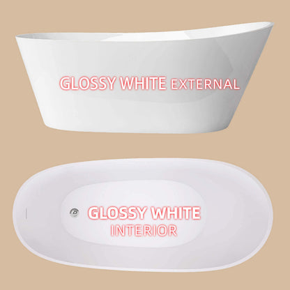 Comparison picture of inner and outer tubs of 59 inch acrylic single slipper bathtub with pop up drainpipe