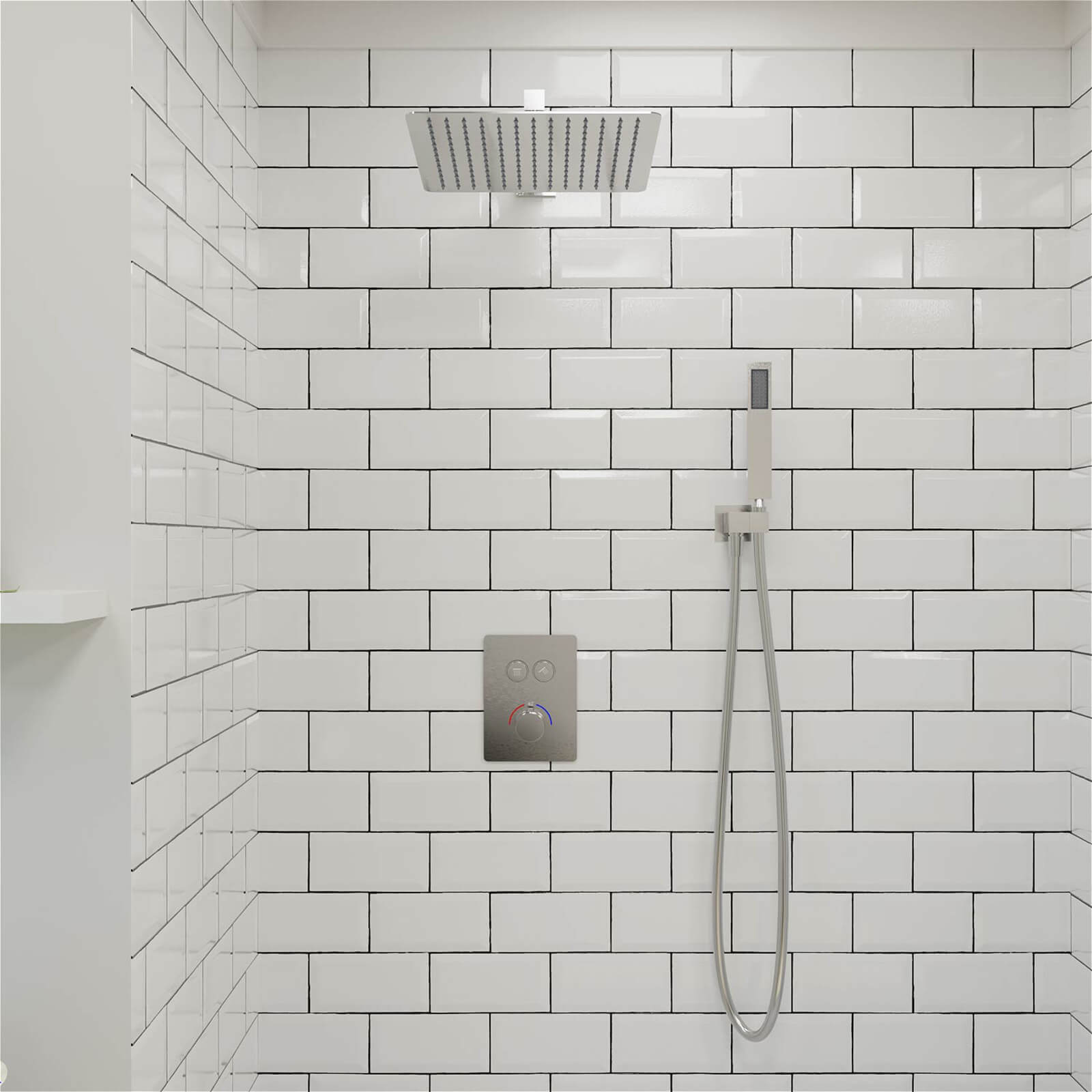 Complete 12 inch brushed nickel shower system with arm_ valve faucet_ and holder