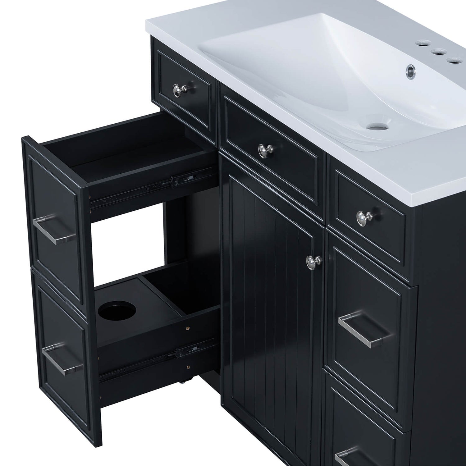 Contemporary 36 inch black vanity with easy to clean integrated resin sink