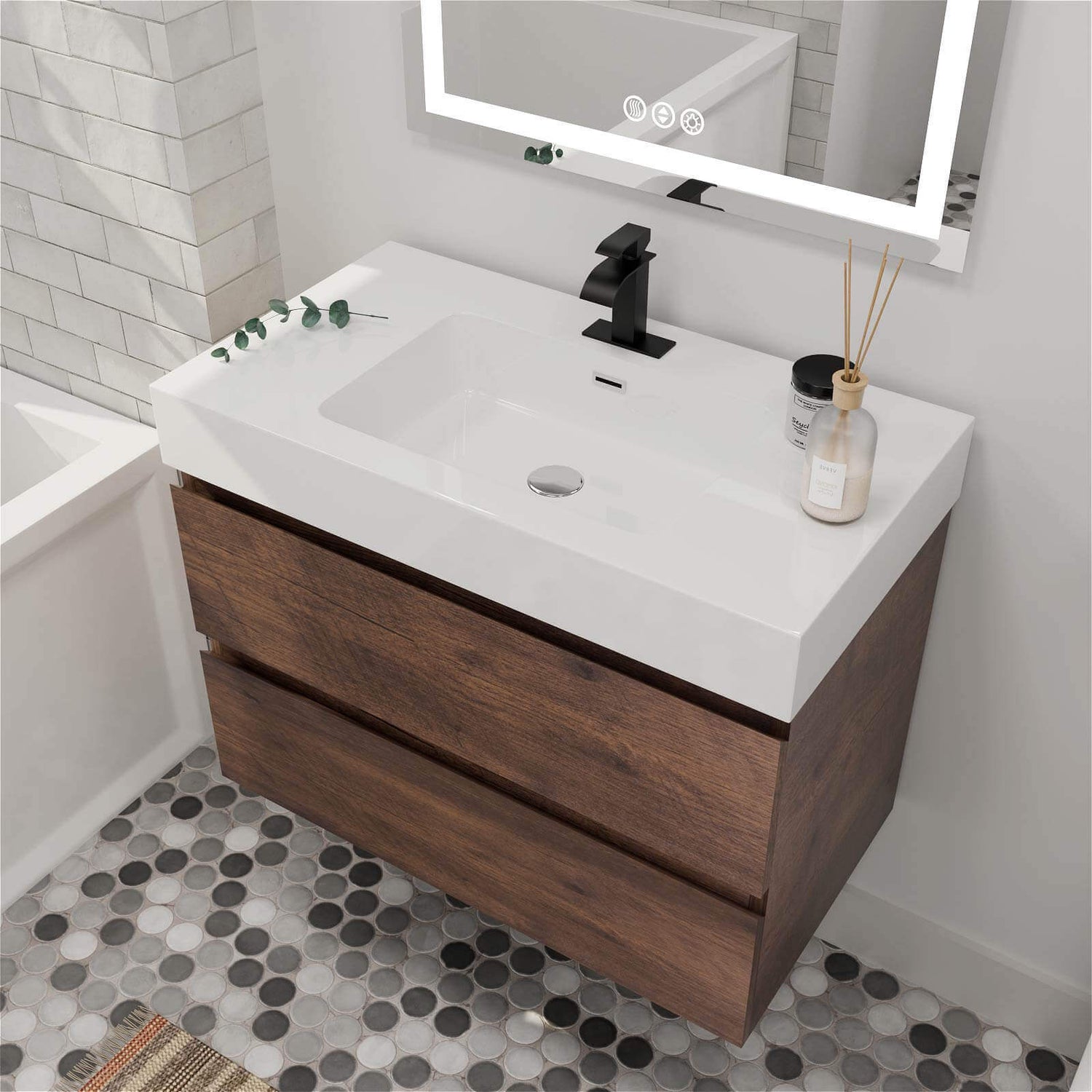 Contemporary Bathroom Vanity in Natural Walnut and White Sink