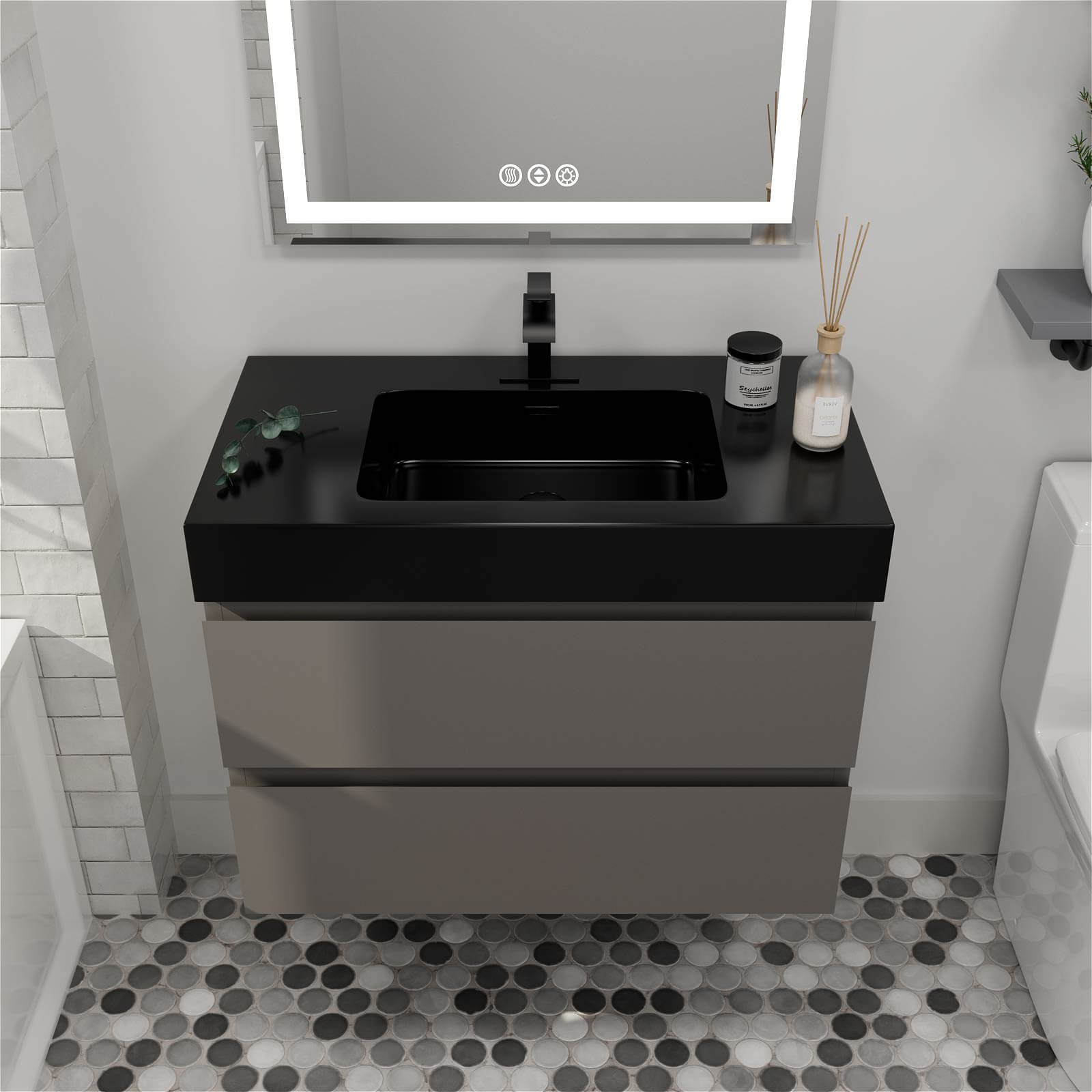 Contemporary gray bathroom vanity with integrated black sink